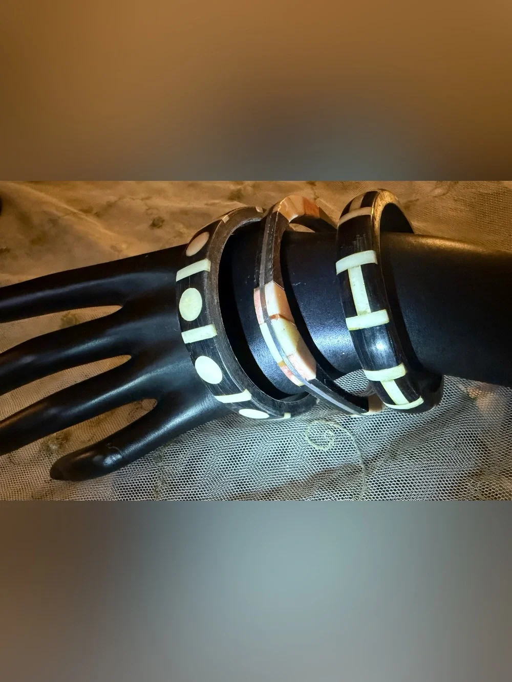 Vintage Bohemian Bone Inlay Black and Ivory Bangle set of 3